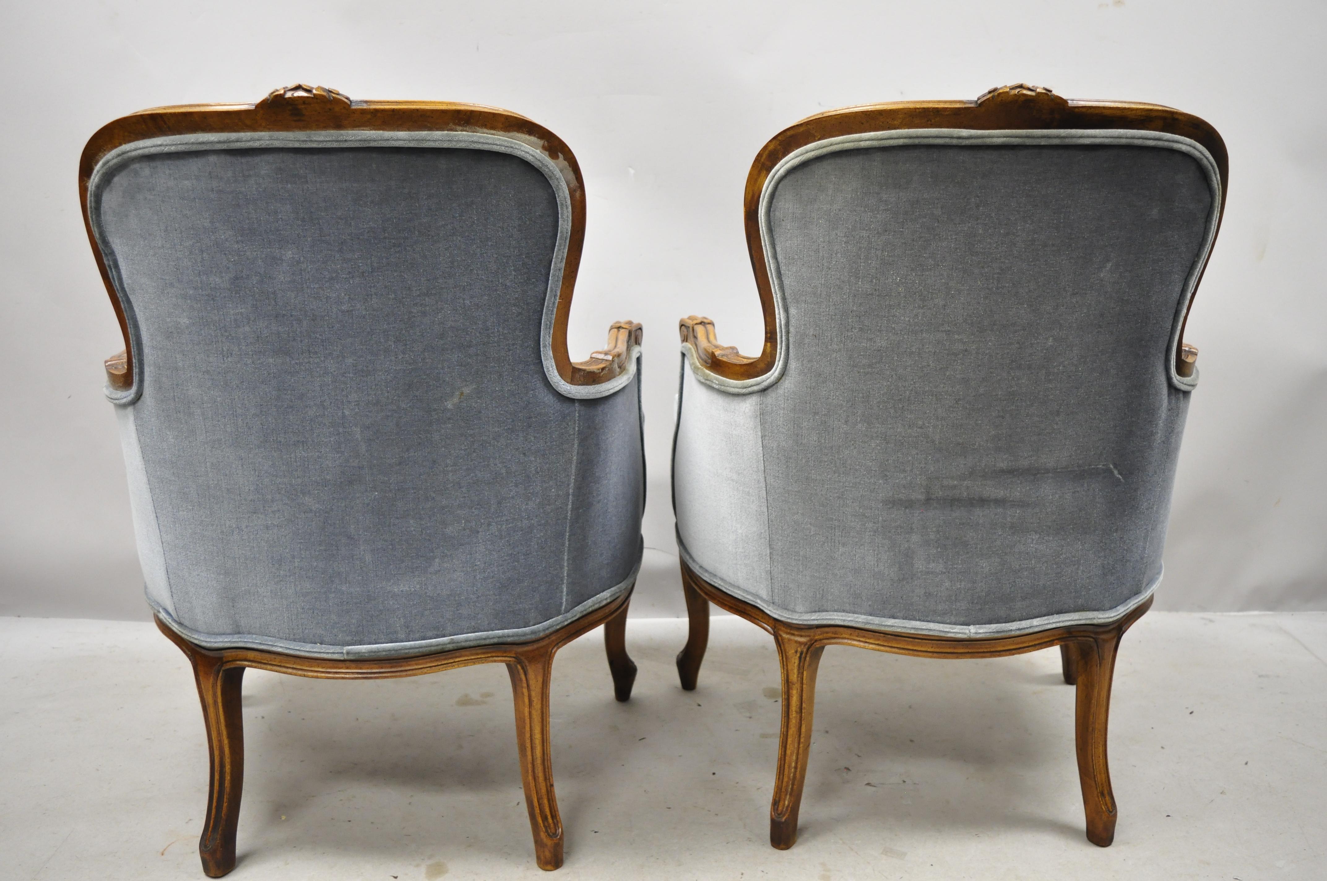 Vintage French Louis XV Provincial Blue Bergère Lounge Armchairs, a Pair 2