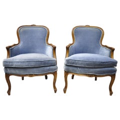 Vintage French Louis XV Provincial Blue Bergère Lounge Armchairs, a Pair