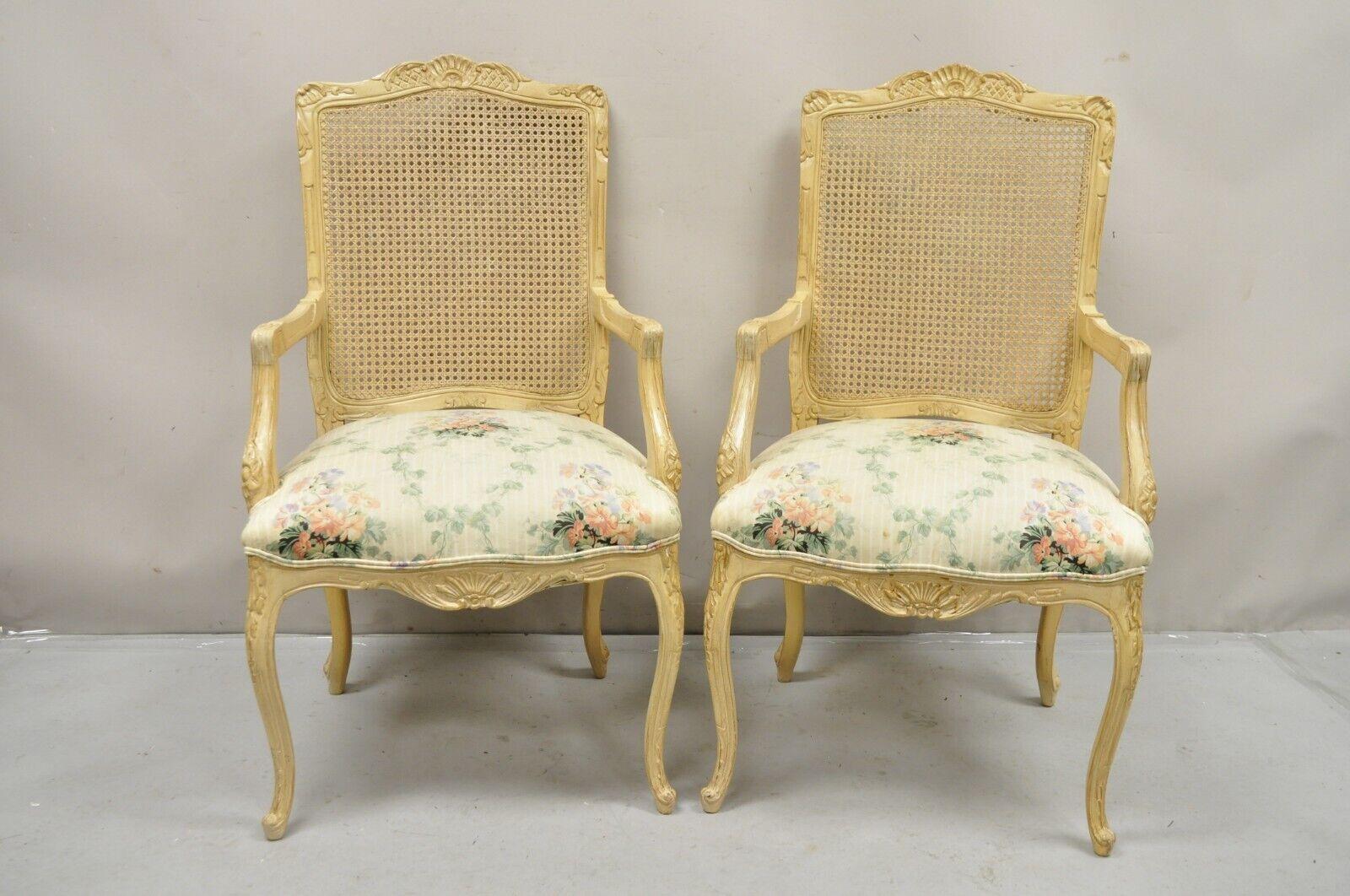 Vintage French Louis XV Provincial Style Cane Back Cream Dining Chairs- Set of 6 For Sale 5