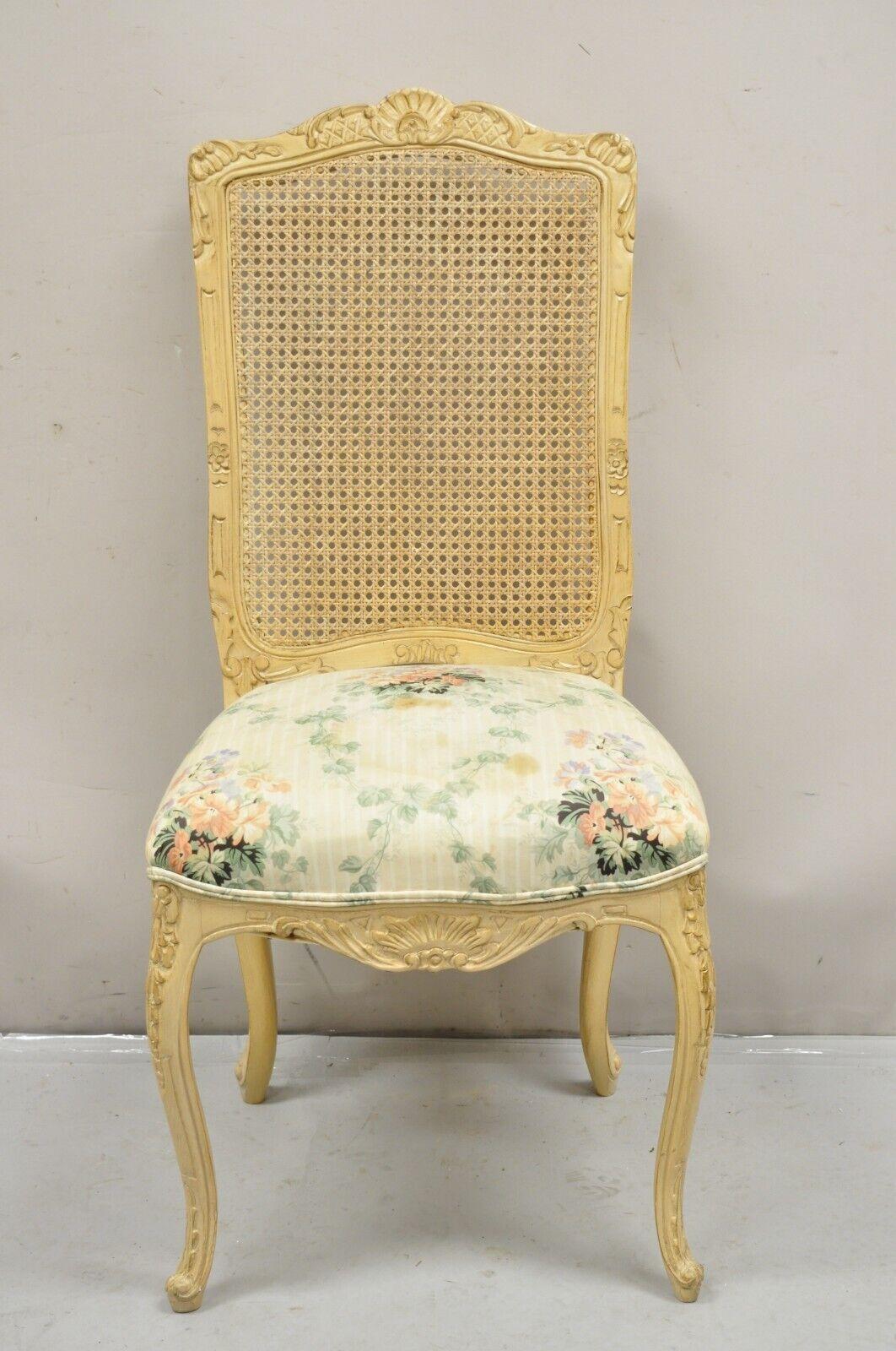 Vintage French Louis XV Provincial Style Cane Back Cream Dining Chairs- Set of 6 In Good Condition For Sale In Philadelphia, PA