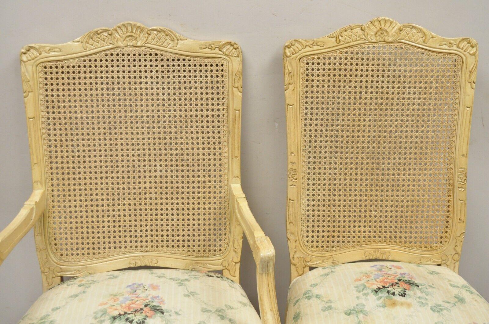 Vintage French Louis XV Provincial Style Cane Back Cream Dining Chairs- Set of 6 For Sale 4