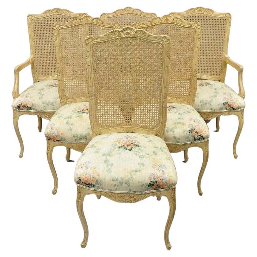 Vintage French Louis XV Provincial Style Cane Back Cream Dining Chairs- Set of 6
