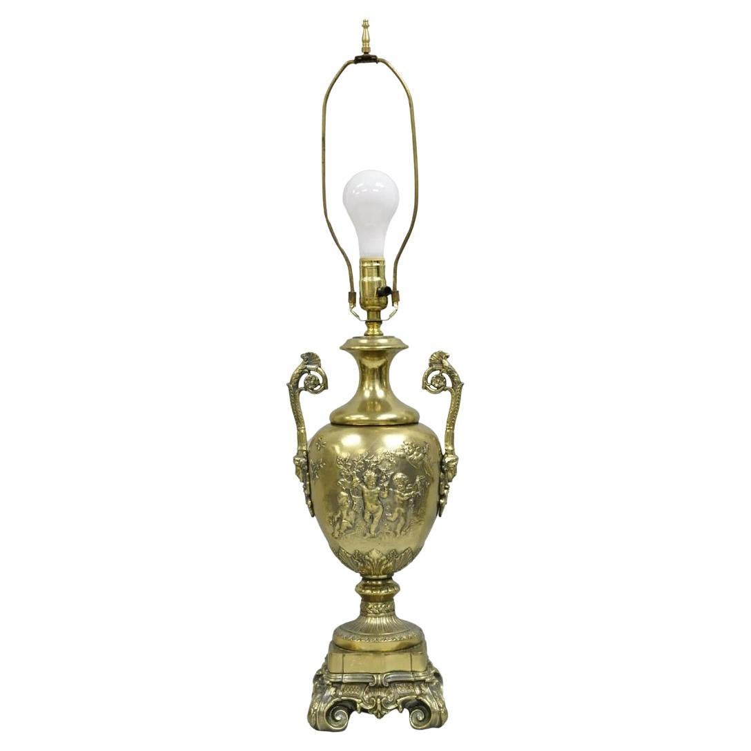 Vintage French Louis XV Renaissance Brass Figural Dancing Cherubs Urn Table Lamp