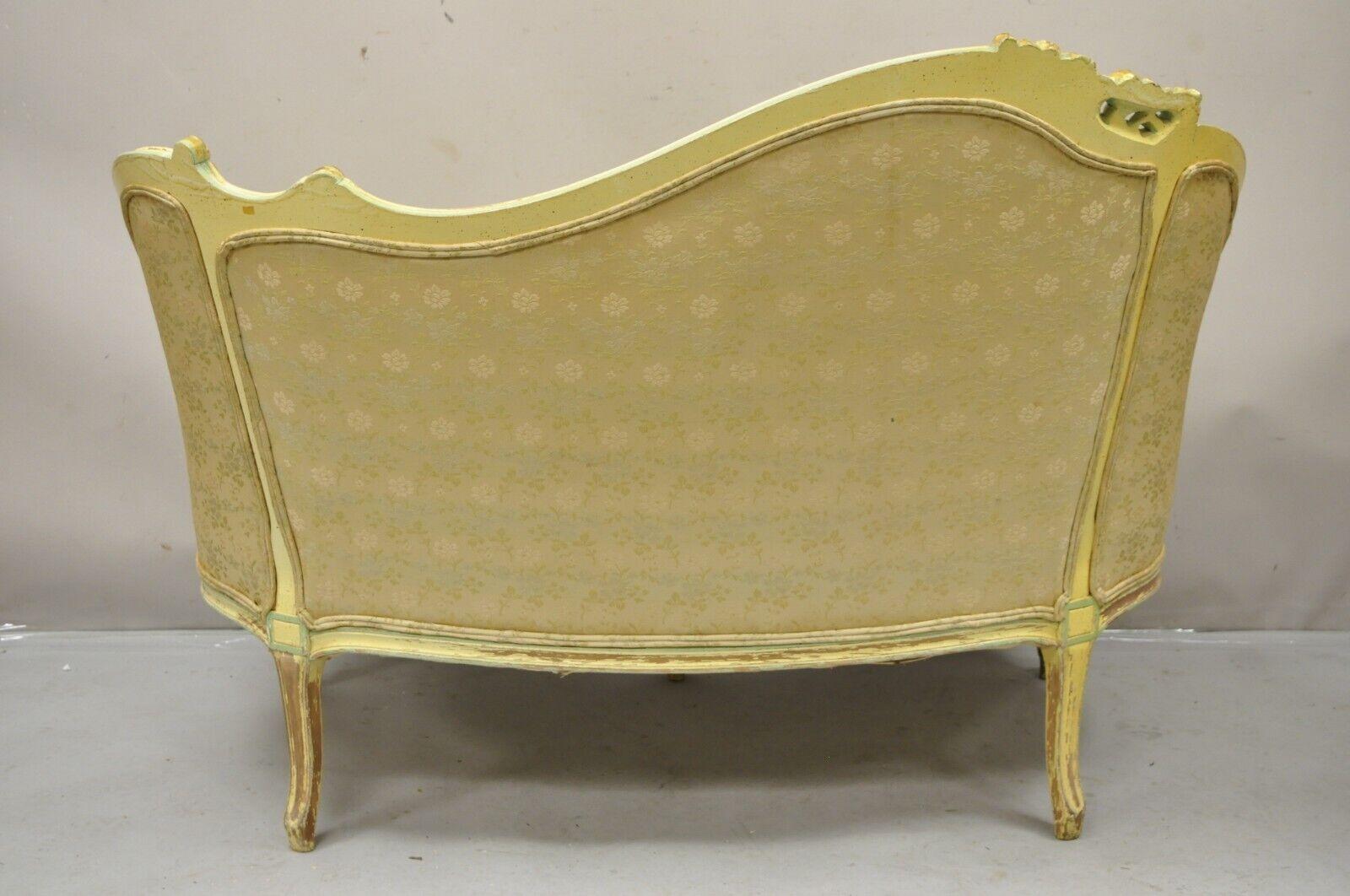 Vintage French Louis XV Rococo Style Yellow & Green Settee Loveseat Sofa For Sale 4