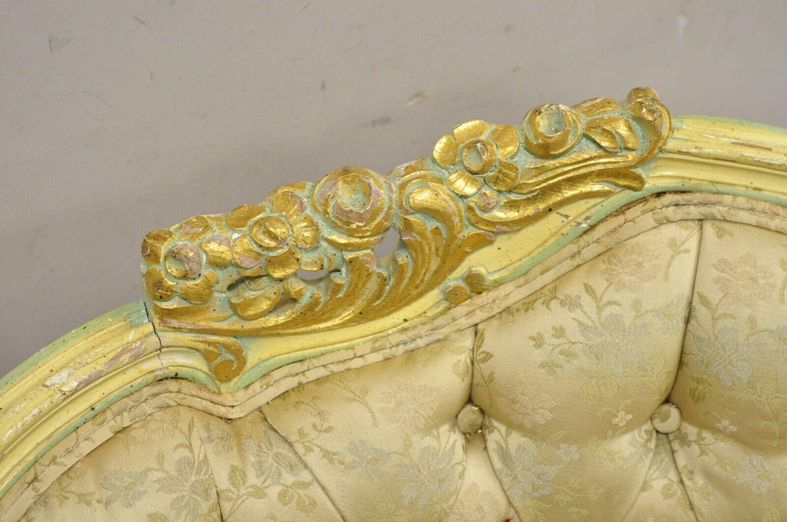 Vintage French Louis XV Rococo Style Yellow & Green Settee Loveseat Sofa For Sale 5