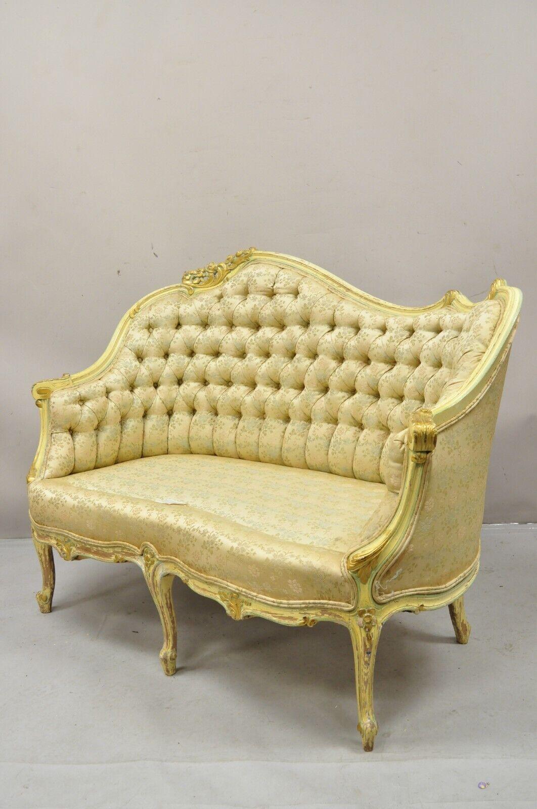 Vintage French Louis XV Rococo Style Yellow & Green Settee Loveseat Sofa For Sale 6