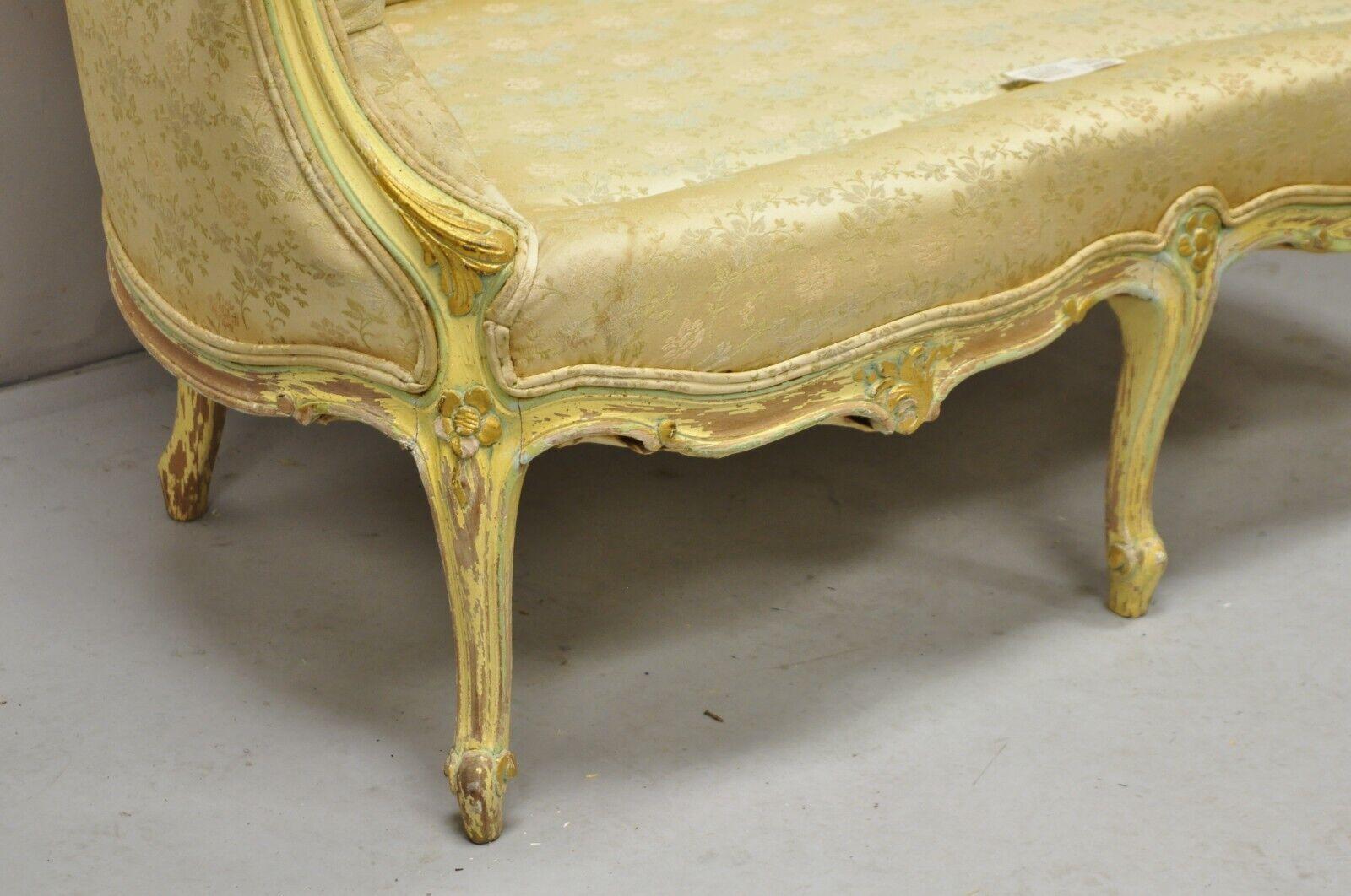 20th Century Vintage French Louis XV Rococo Style Yellow & Green Settee Loveseat Sofa For Sale