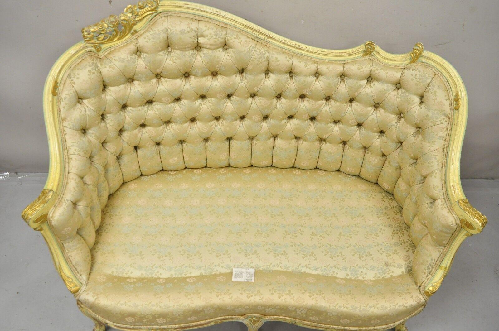 Fabric Vintage French Louis XV Rococo Style Yellow & Green Settee Loveseat Sofa For Sale