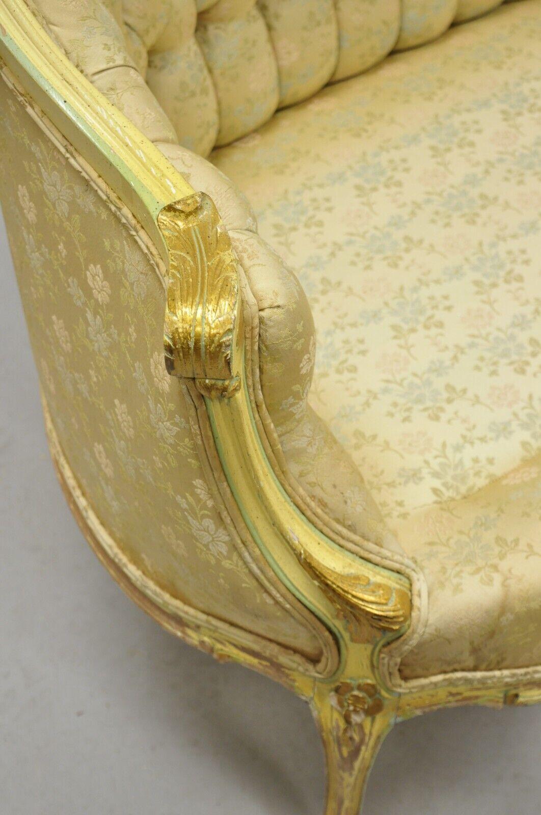 Vintage French Louis XV Rococo Style Yellow & Green Settee Loveseat Sofa For Sale 3
