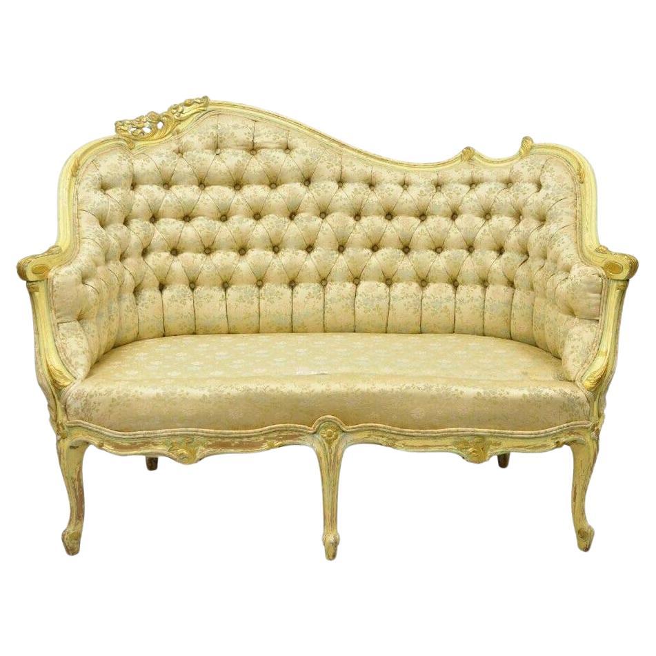 Vintage French Louis XV Rococo Style Yellow & Green Settee Loveseat Sofa For Sale