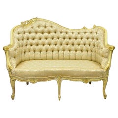 Retro French Louis XV Rococo Style Yellow & Green Settee Loveseat Sofa