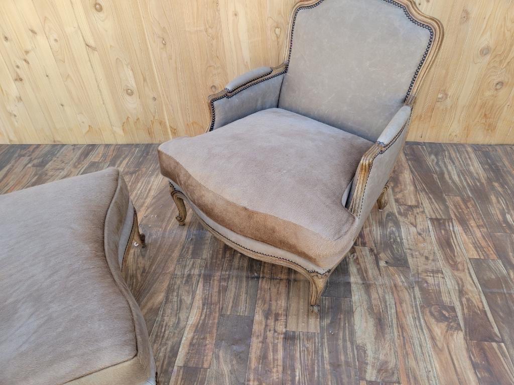 Vintage French Louis XV Style Bergere Chair & Ottoman Newly Upholstered 1