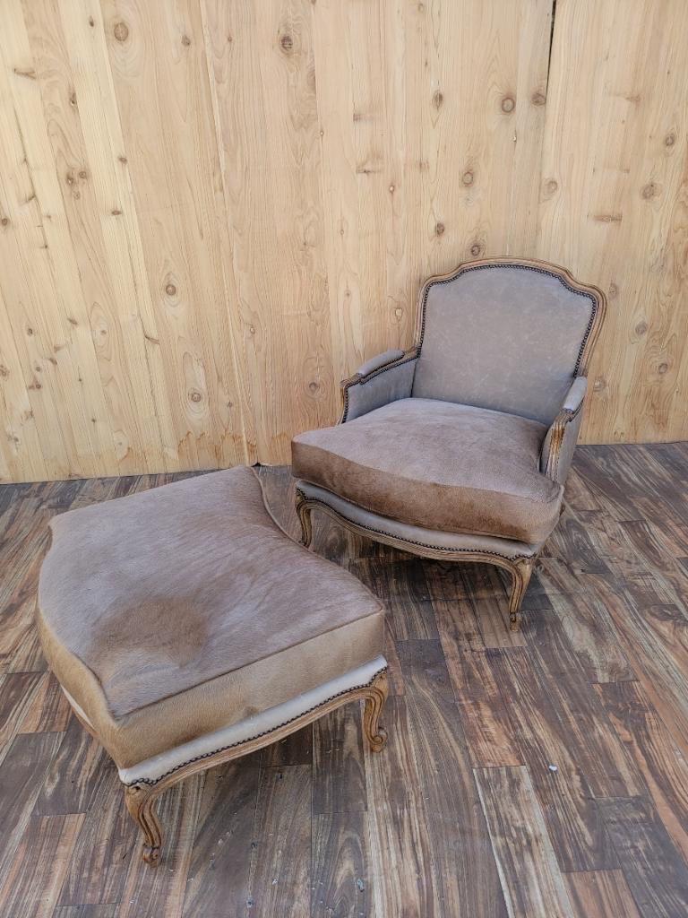 European Vintage French Louis XV Style Bergere Chair & Ottoman Newly Upholstered 