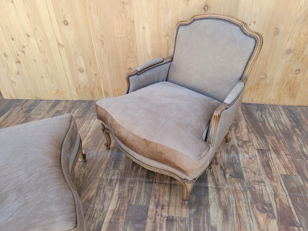 Vintage French Louis XV Style Bergere Chair & Ottoman Newly Upholstered  In Good Condition In Chicago, IL