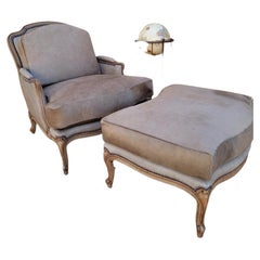 Retro French Louis XV Style Bergere Chair & Ottoman Newly Upholstered 
