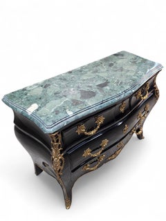 Vintage French Louis XV Style Black Lacquer Bombe Commode