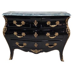 Vintage French Louis XV Style Black Lacquer Bombe Commode