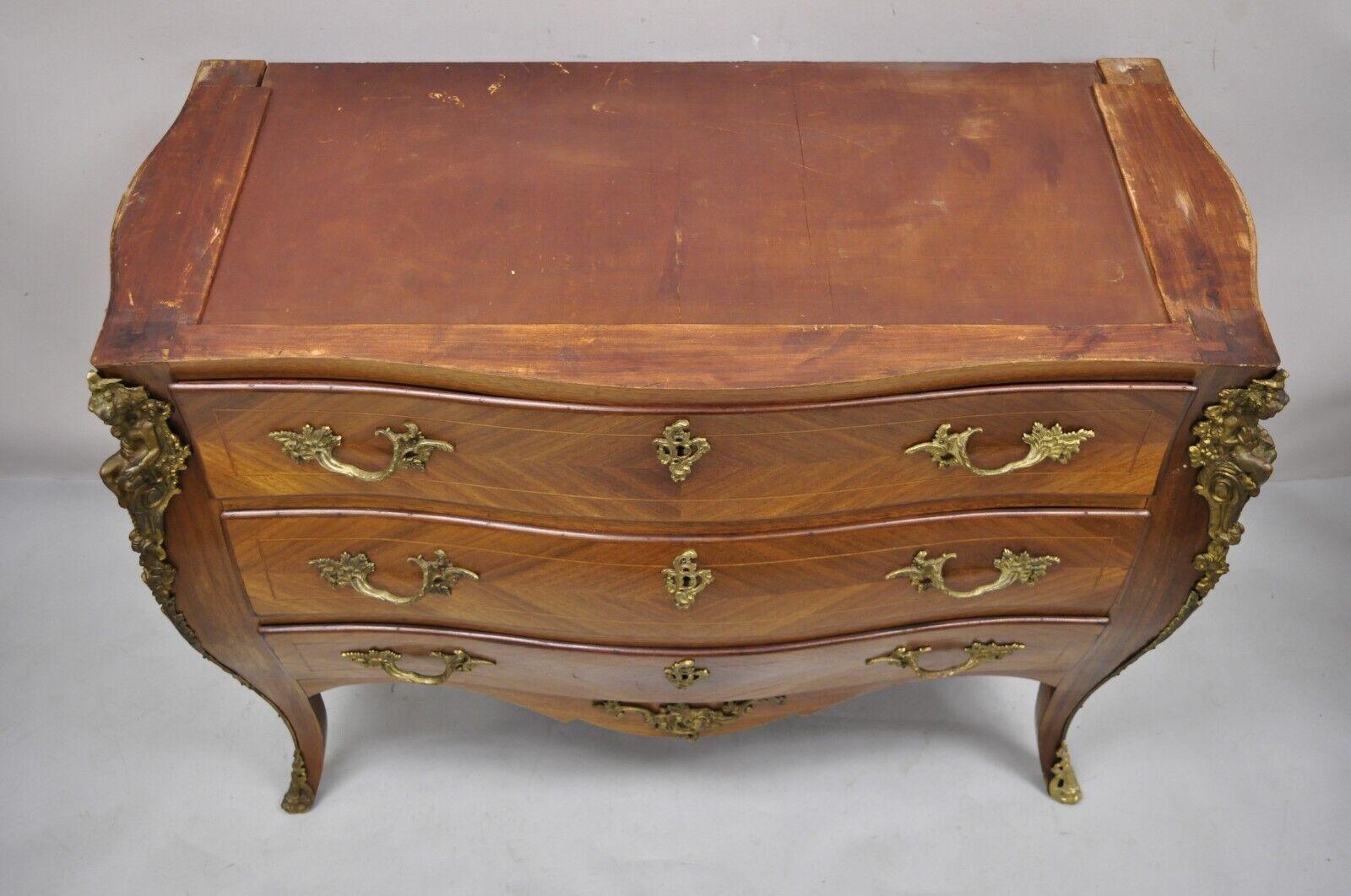 Vintage French Louis XV Style Bombe Commode Chest of Drawers Cherub Figures In Good Condition For Sale In Philadelphia, PA