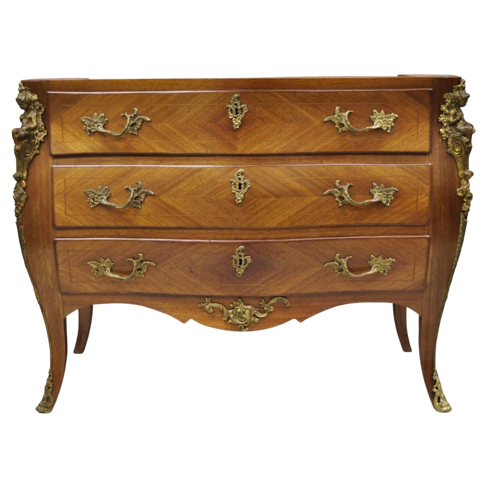 Vintage French Louis XV Style Bombe Commode Chest of Drawers Cherub Figures For Sale