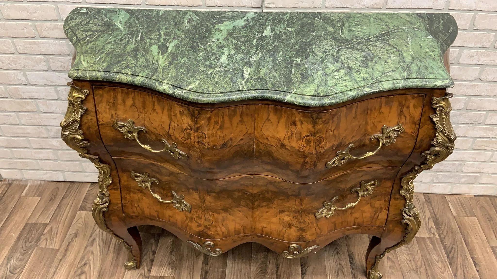 Vintage French Louis XV Style Bombe Commode Chest with Green Marble Style Top For Sale 5