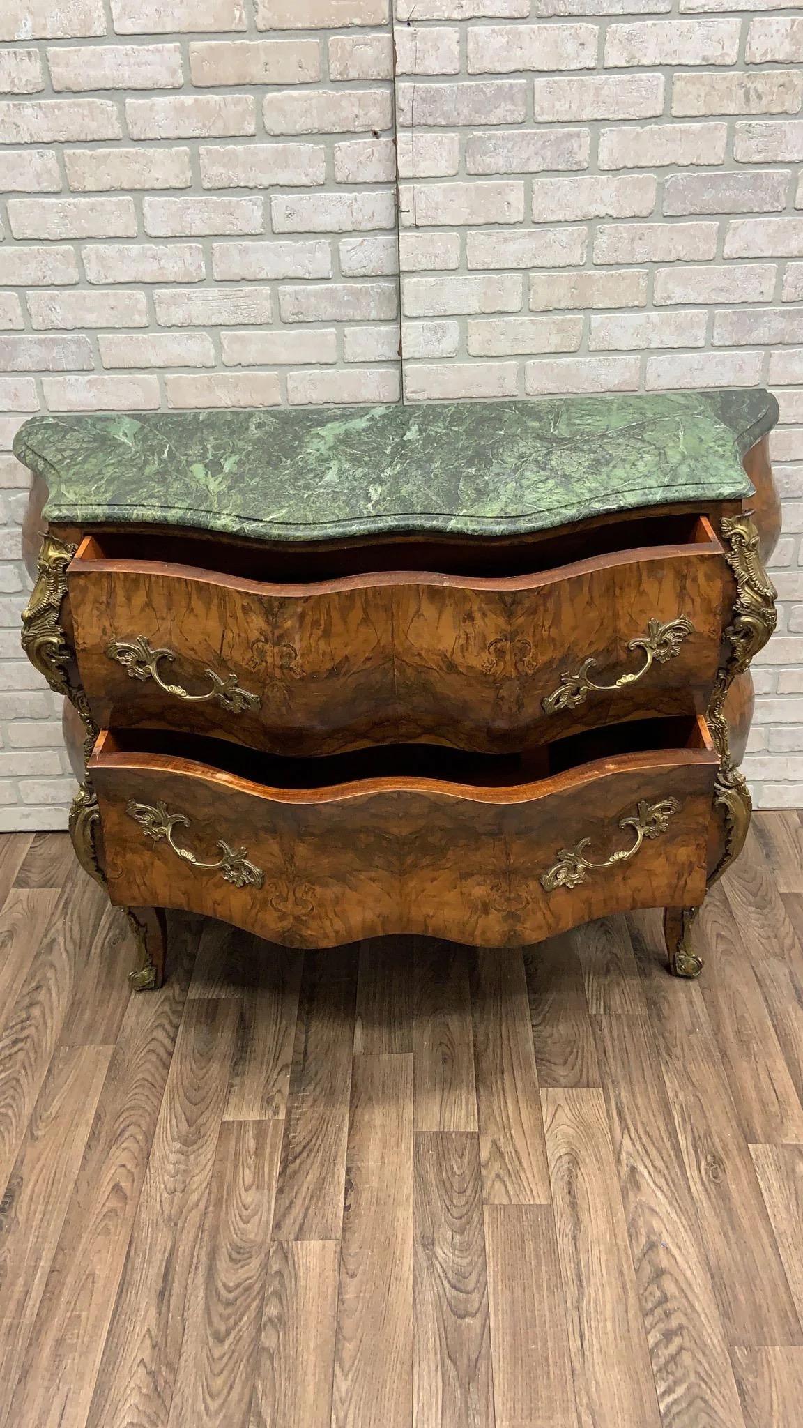 Vintage French Louis XV Style Bombe Commode Chest with Green Marble Style Top For Sale 2
