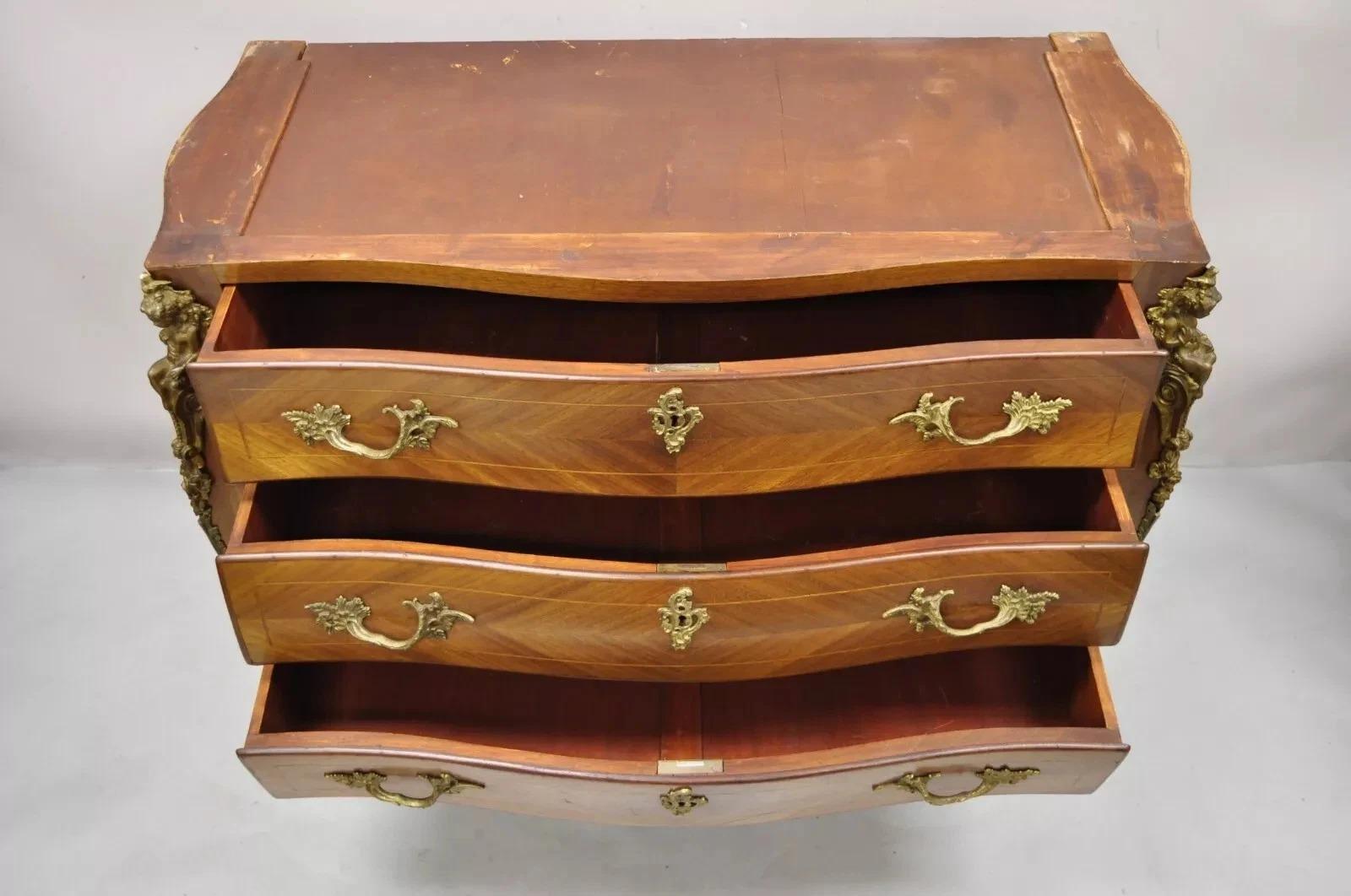 Vintage French Louis XV Style Bombe Commode Dresser Chest of Drawers w/ Cherubs For Sale 3