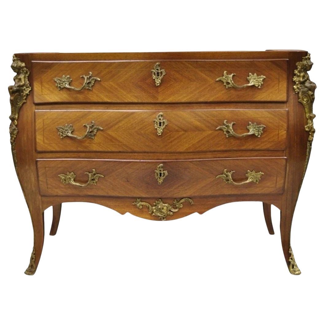 Vintage French Louis XV Style Bombe Commode Dresser Chest of Drawers w/ Cherubs For Sale