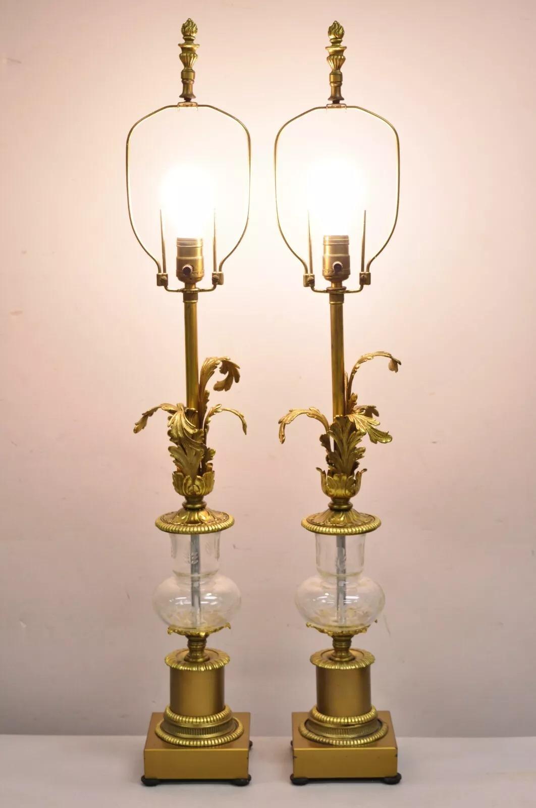 Vintage French Louis XV Style Brass & Crystal Urn Table Lamps - a Pair. Circa Mid 20th Century. Measurements: 37