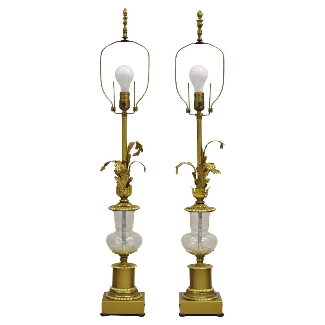 Vintage French Louis XV Style Brass & Crystal Urn Table Lamps - a Pair For Sale