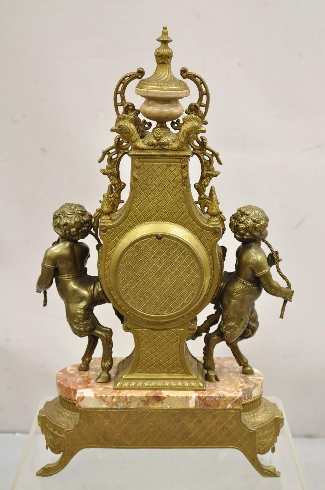 Vintage French Louis XV Style Brevetatto Italy Brass Marble Figural Cherub Clock For Sale 5
