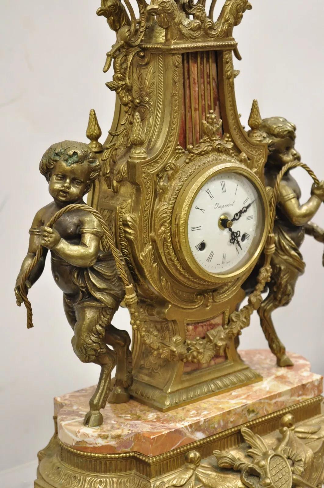 Vintage French Louis XV Style Brevetatto Italy Brass Marble Figural Cherub Clock For Sale 6