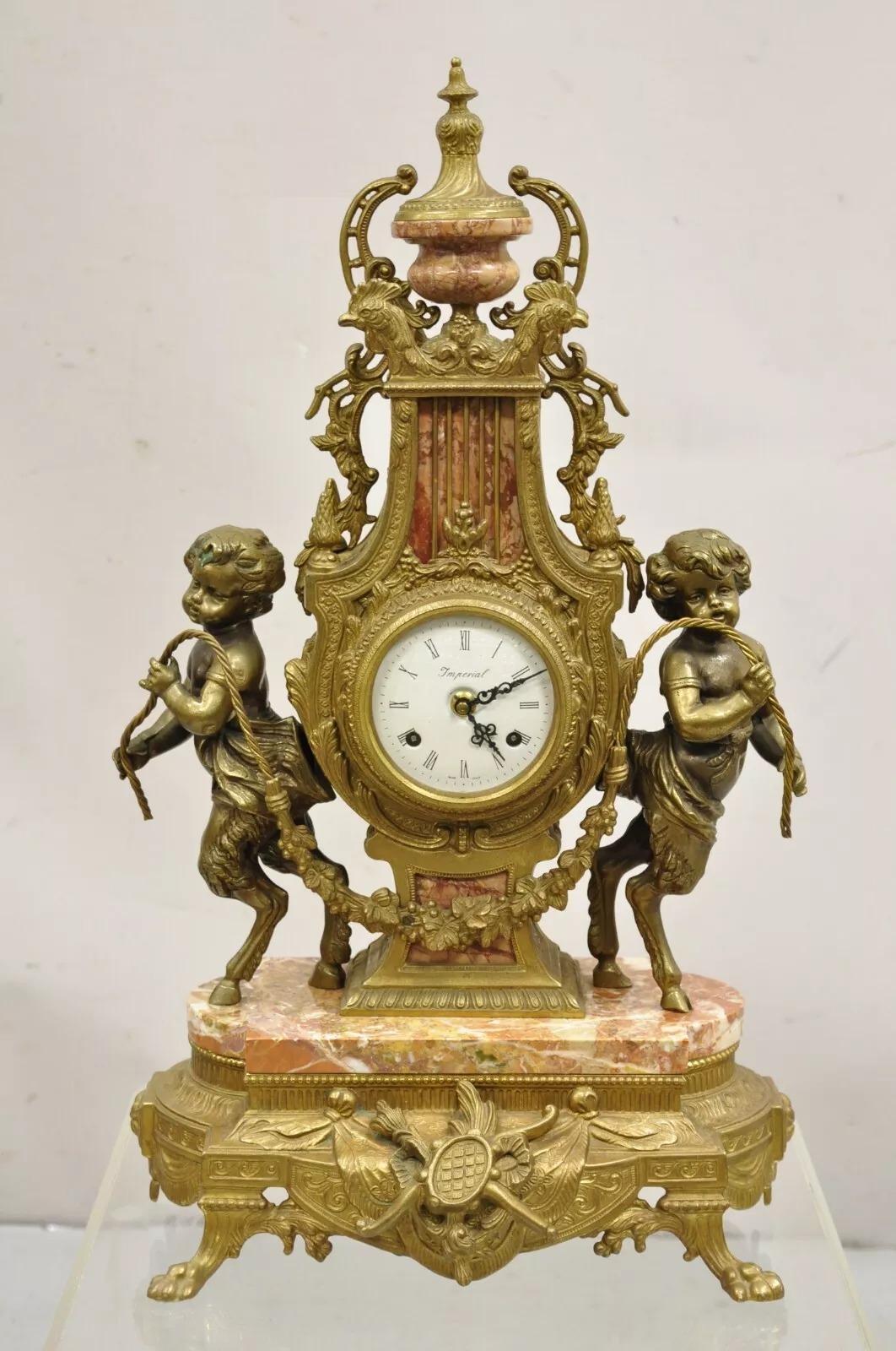 Vintage French Louis XV Style Brevetatto Italy Brass Marble Figural Cherub Clock For Sale 7