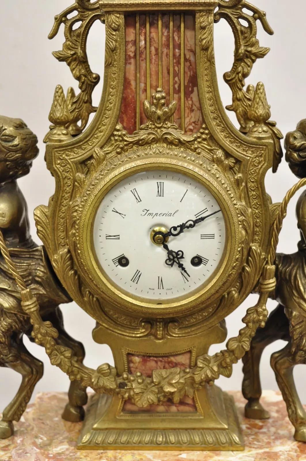 20th Century Vintage French Louis XV Style Brevetatto Italy Brass Marble Figural Cherub Clock For Sale