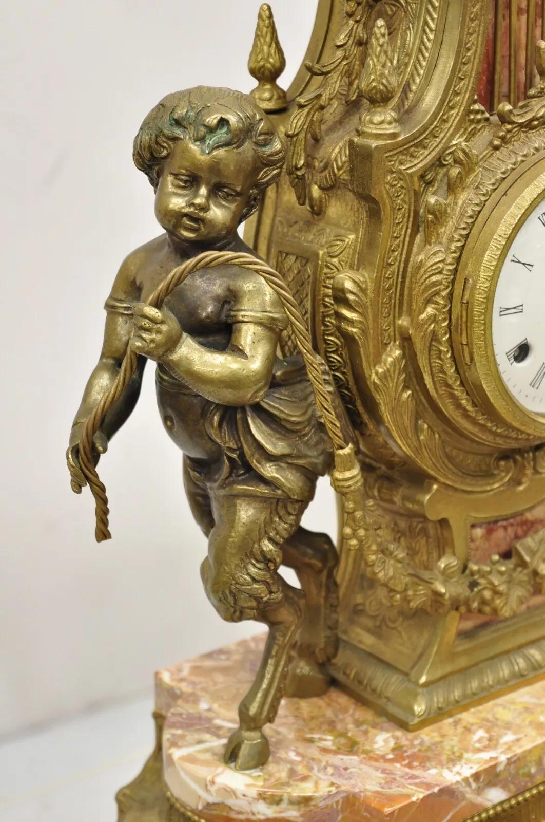 Vintage French Louis XV Style Brevetatto Italy Brass Marble Figural Cherub Clock For Sale 2