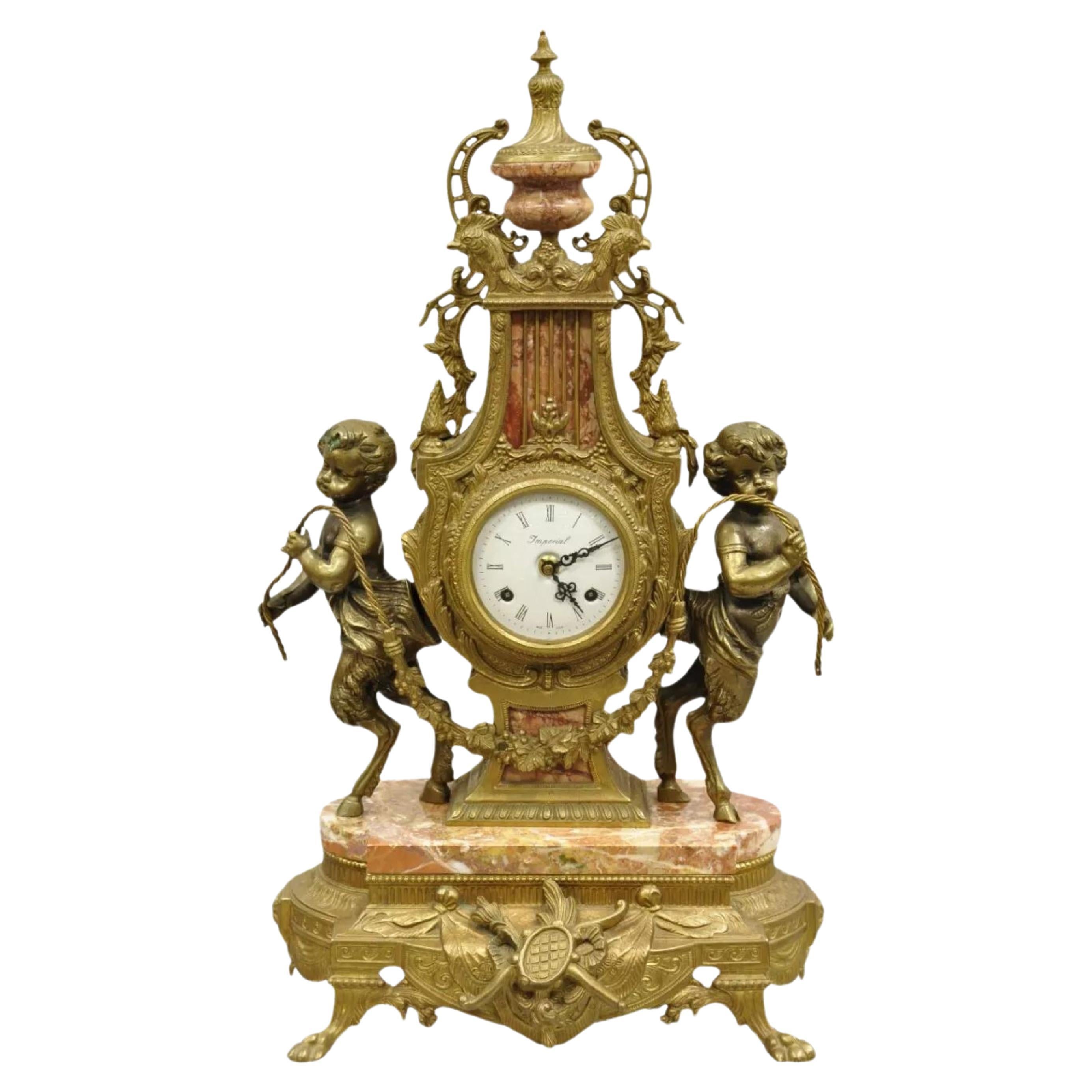 Vintage French Louis XV Style Brevetatto Italy Brass Marble Figural Cherub Clock For Sale