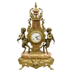 Vintage French Louis XV Style Brevetatto Italy Brass Marble Figural Cherub Clock