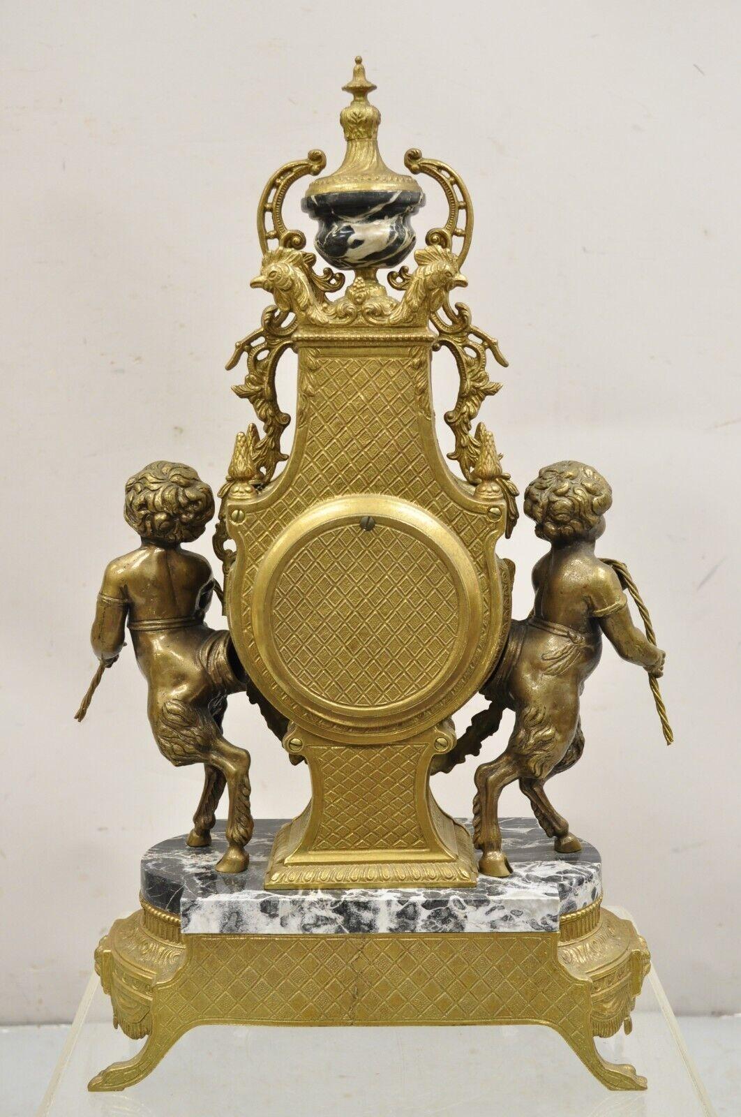 Vintage French Louis XV Style Brevetatto Italy Brass & Marble Figural Clock Set For Sale 7