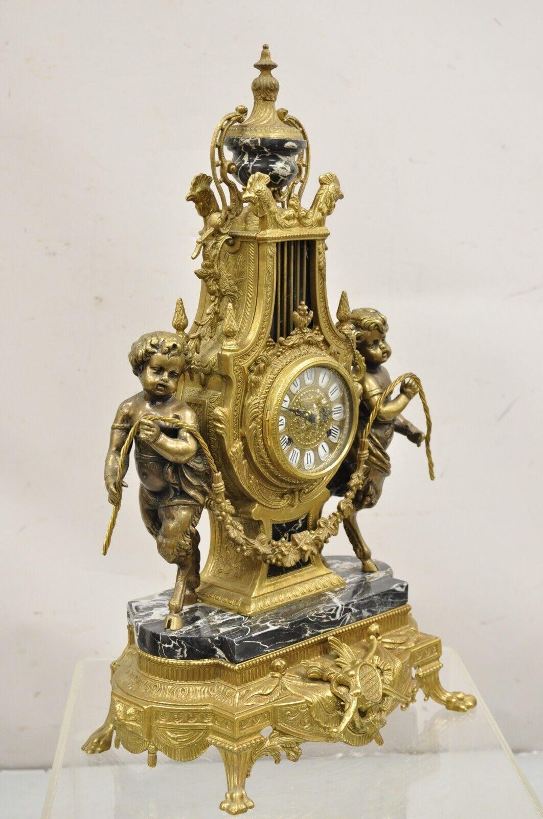 Vintage French Louis XV Style Brevetatto Italy Brass & Marble Figural Clock Set For Sale 8