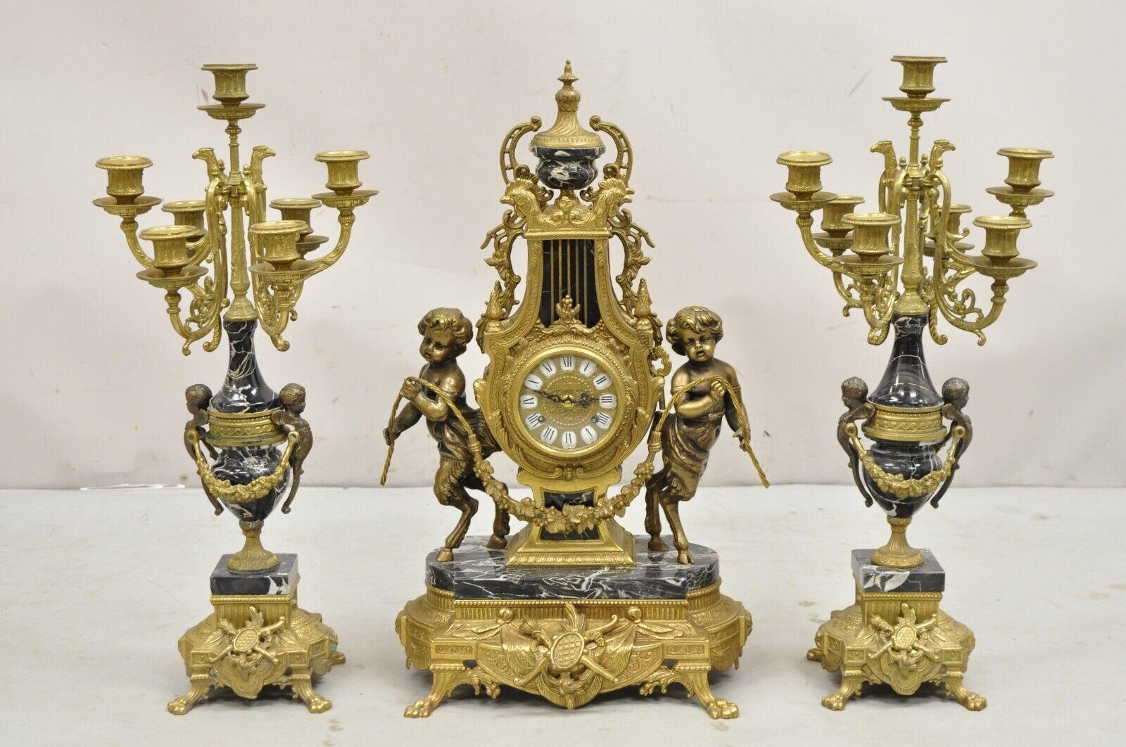 Vintage French Louis XV Style Brevetatto Italy Brass & Marble Figural Clock Set For Sale 12