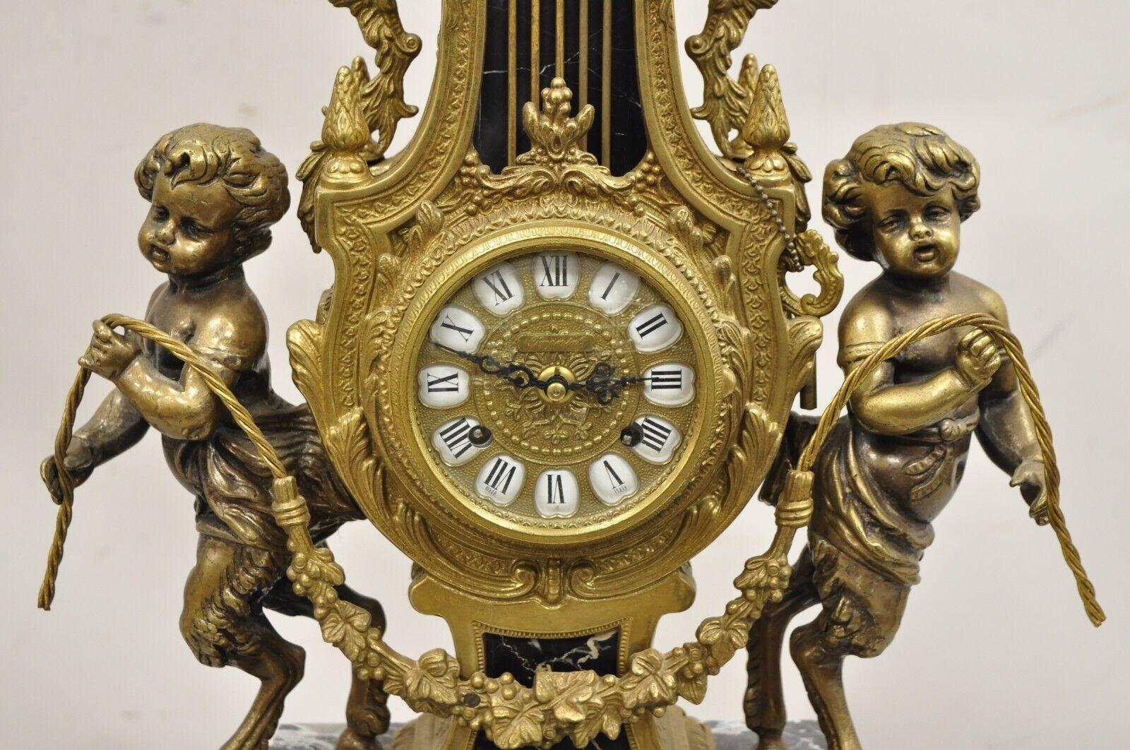 20th Century Vintage French Louis XV Style Brevetatto Italy Brass & Marble Figural Clock Set For Sale
