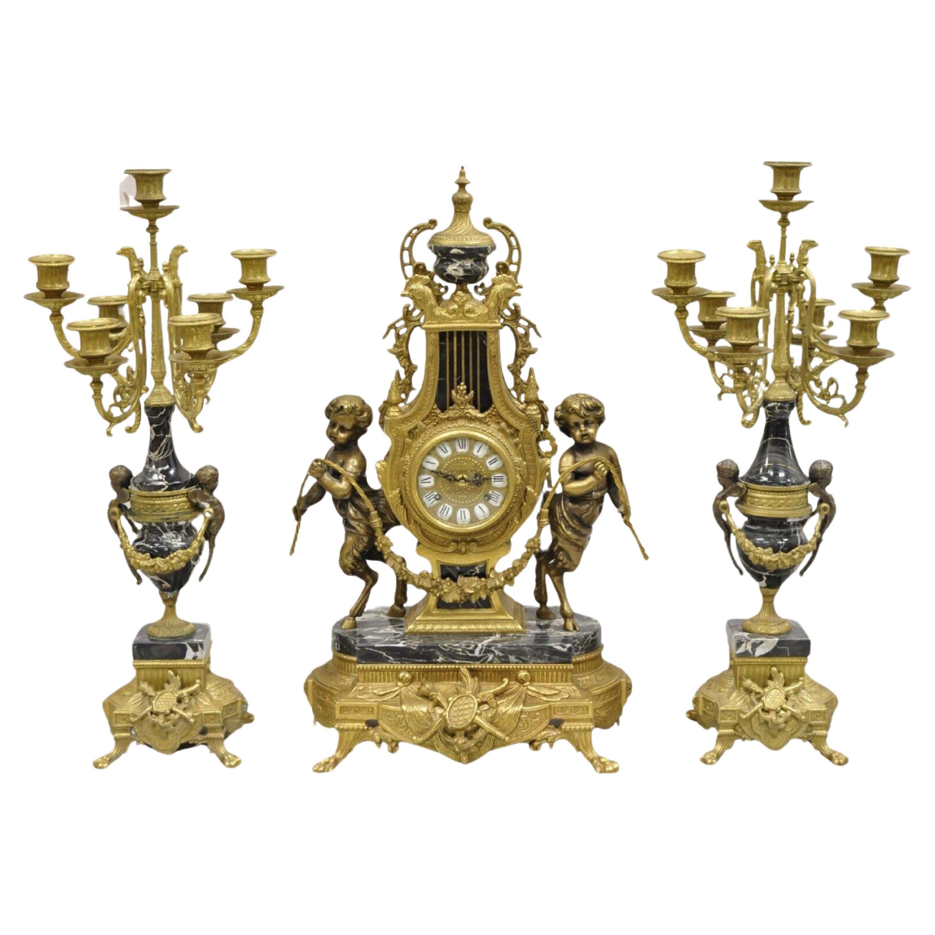 Vintage French Louis XV Style Brevetatto Italy Brass & Marble Figural Clock Set For Sale