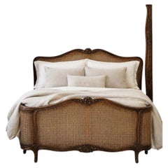 Vintage French Louis XV Style Caned Demi Corbielle Bed , Walnut Wood, 1940