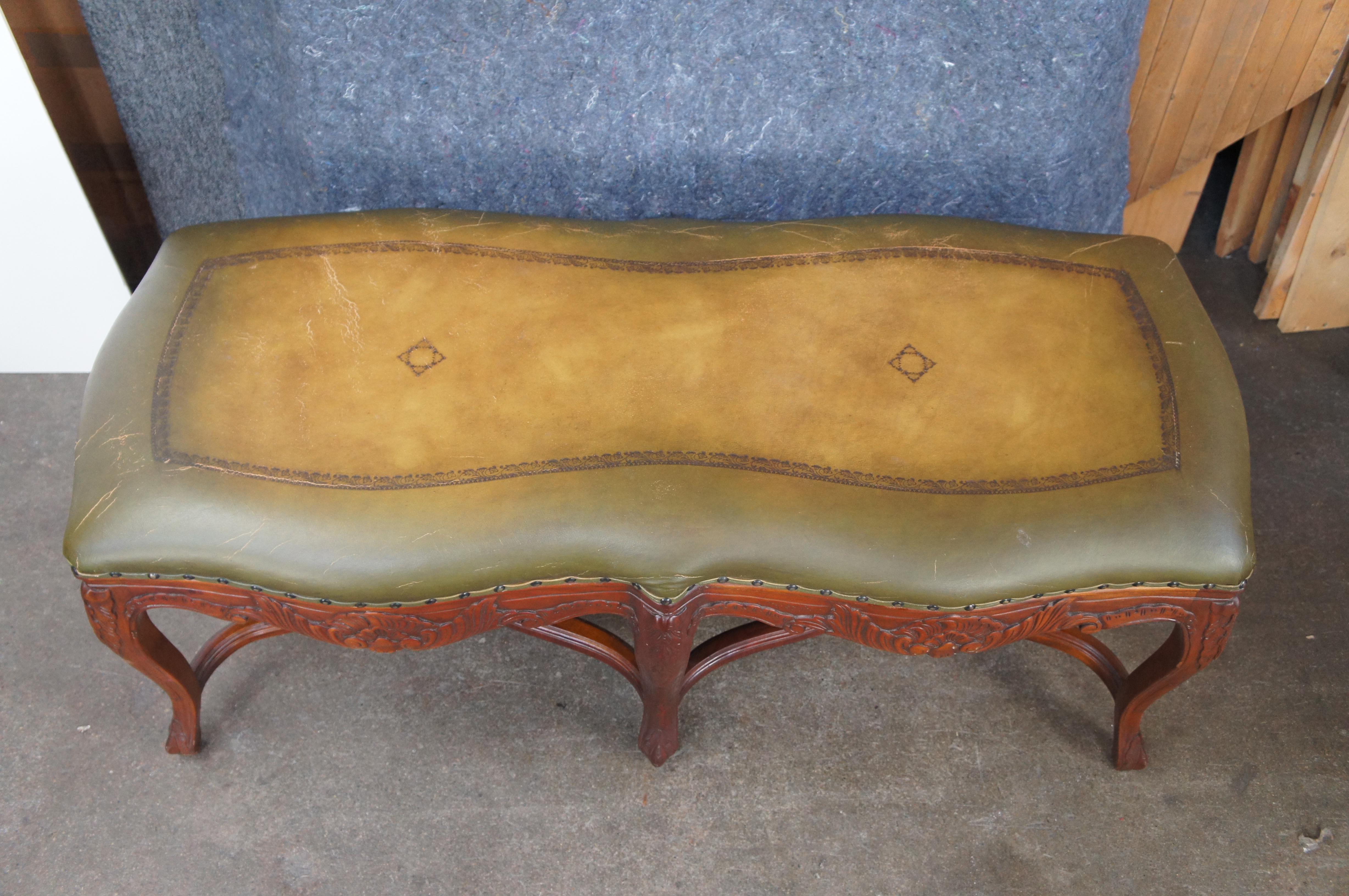 20th Century Vintage French Louis XV Style Carved Mahogany Tooled Leather Window Foyer Bench For Sale