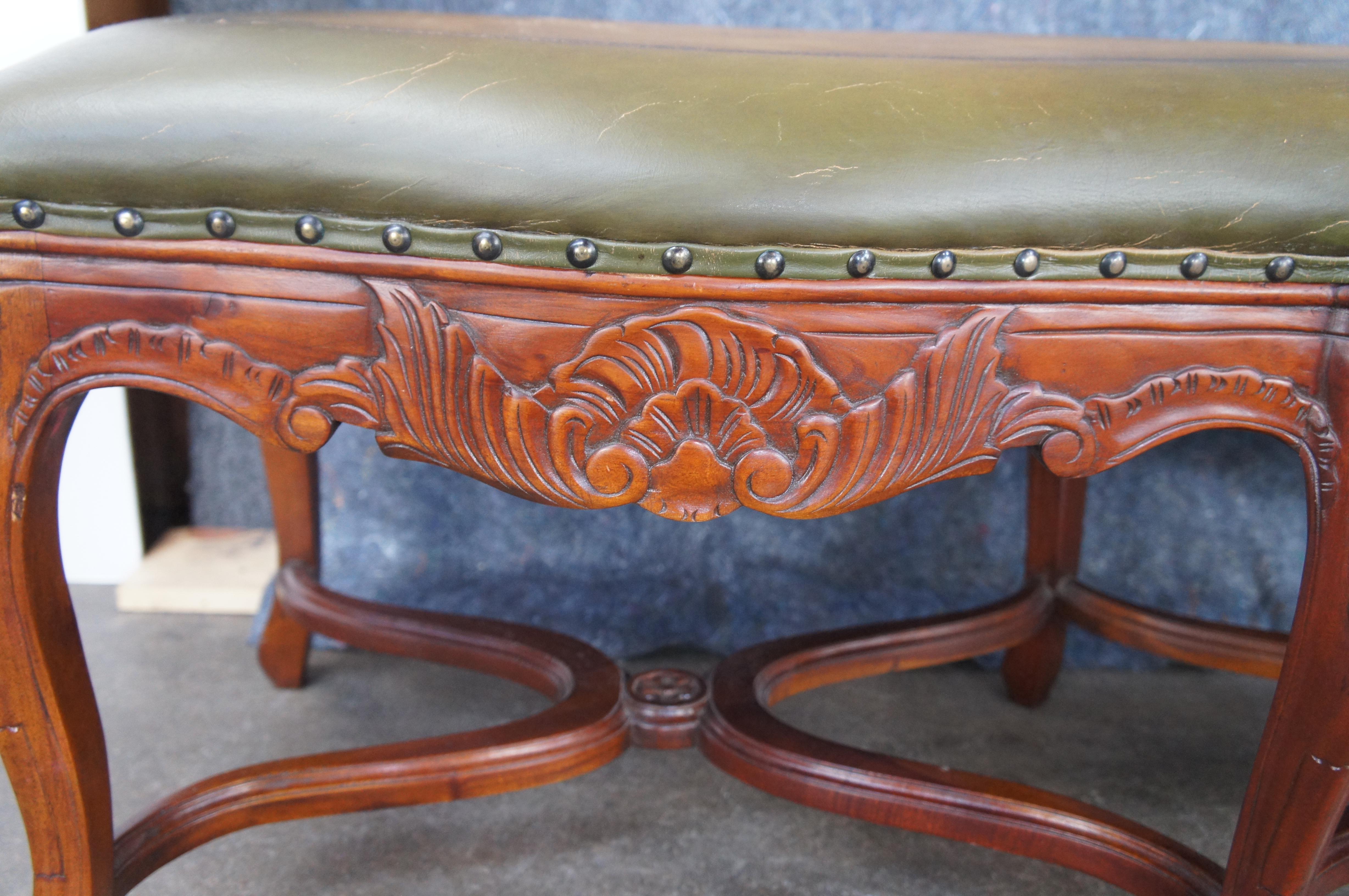 Vintage French Louis XV Style Carved Mahogany Tooled Leather Window Foyer Bench For Sale 1