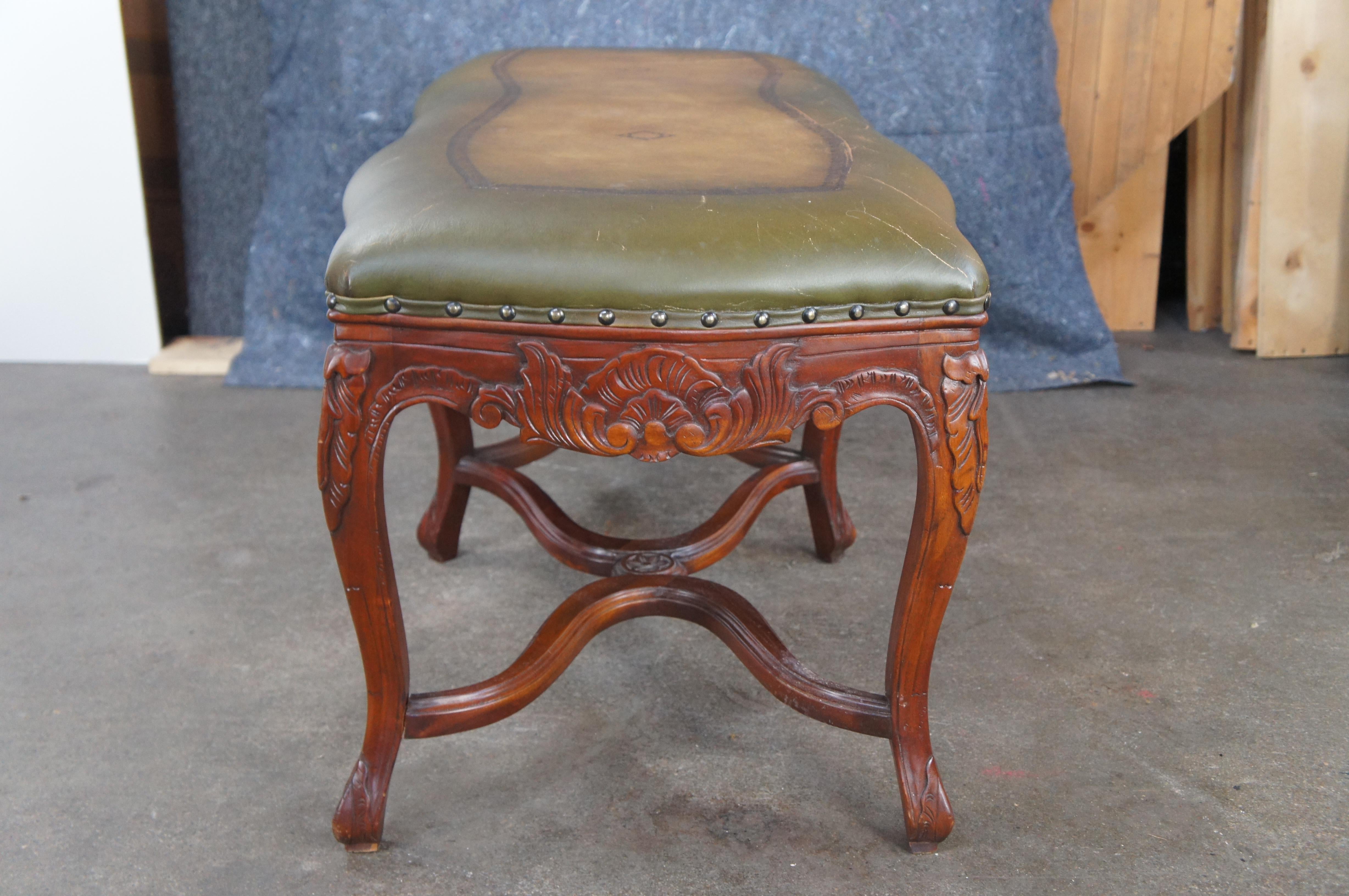 Vintage French Louis XV Style Carved Mahogany Tooled Leather Window Foyer Bench For Sale 3