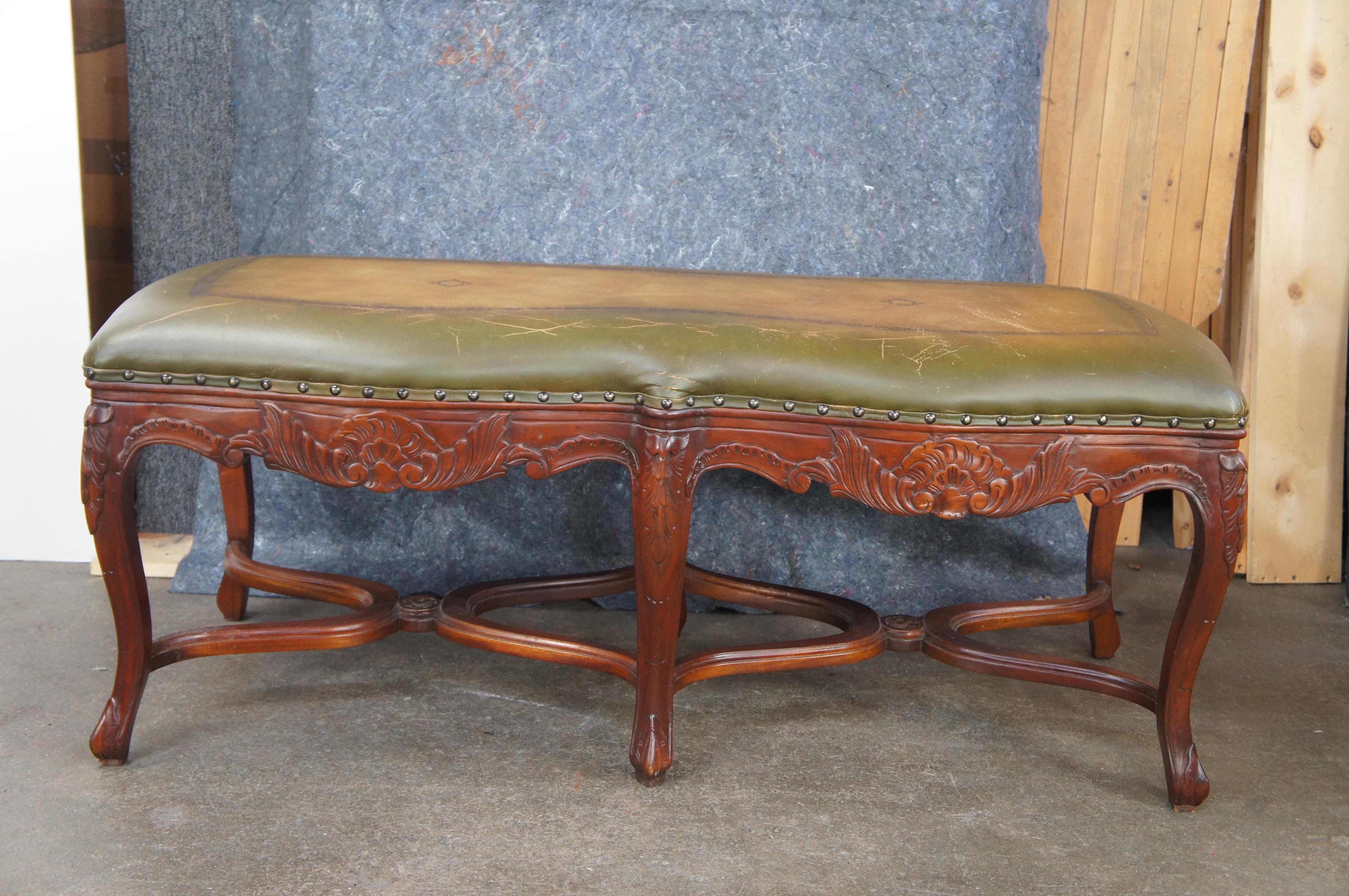 Vintage French Louis XV Style Carved Mahogany Tooled Leather Window Foyer Bench For Sale 4