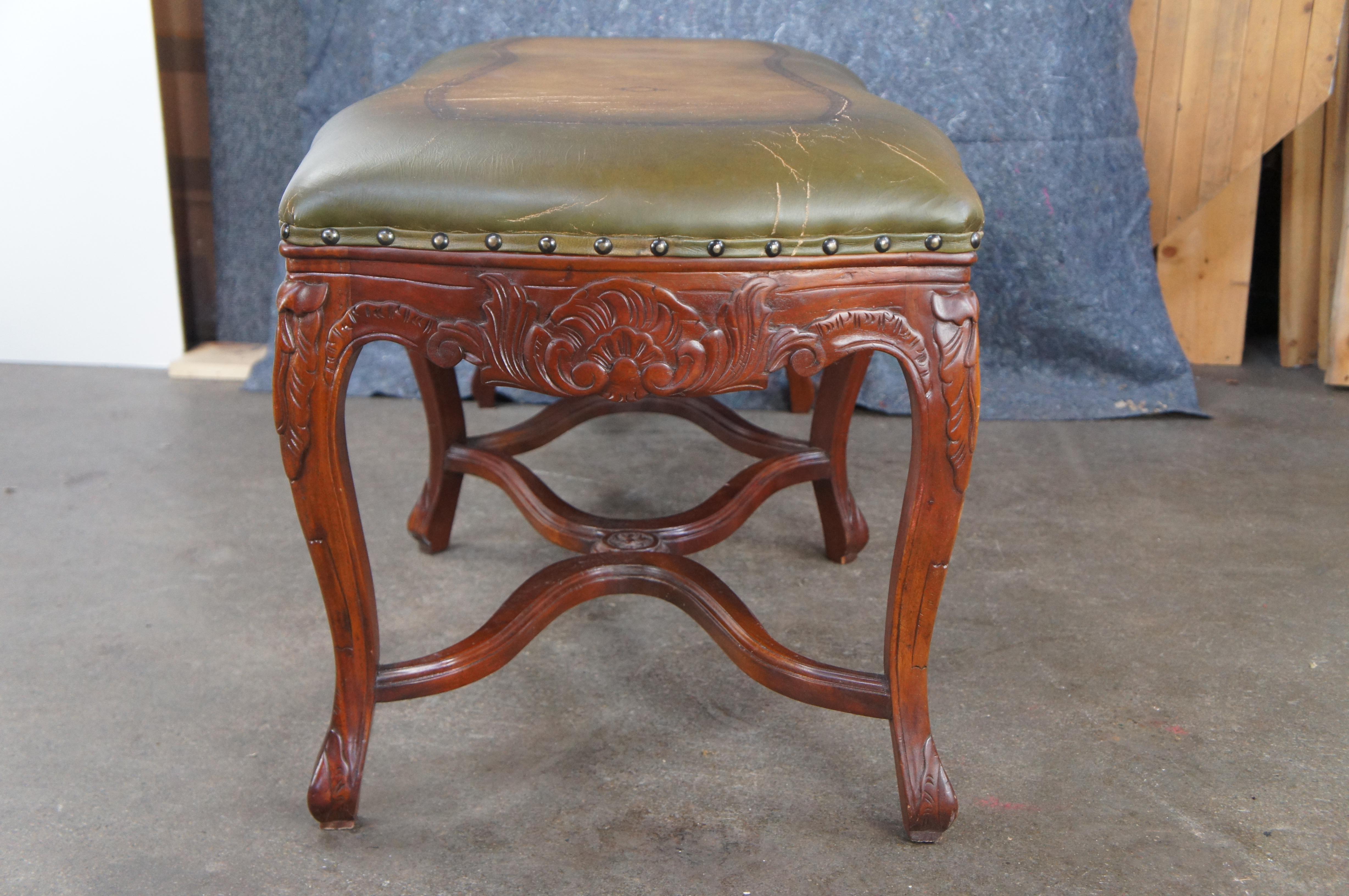 Vintage French Louis XV Style Carved Mahogany Tooled Leather Window Foyer Bench For Sale 5