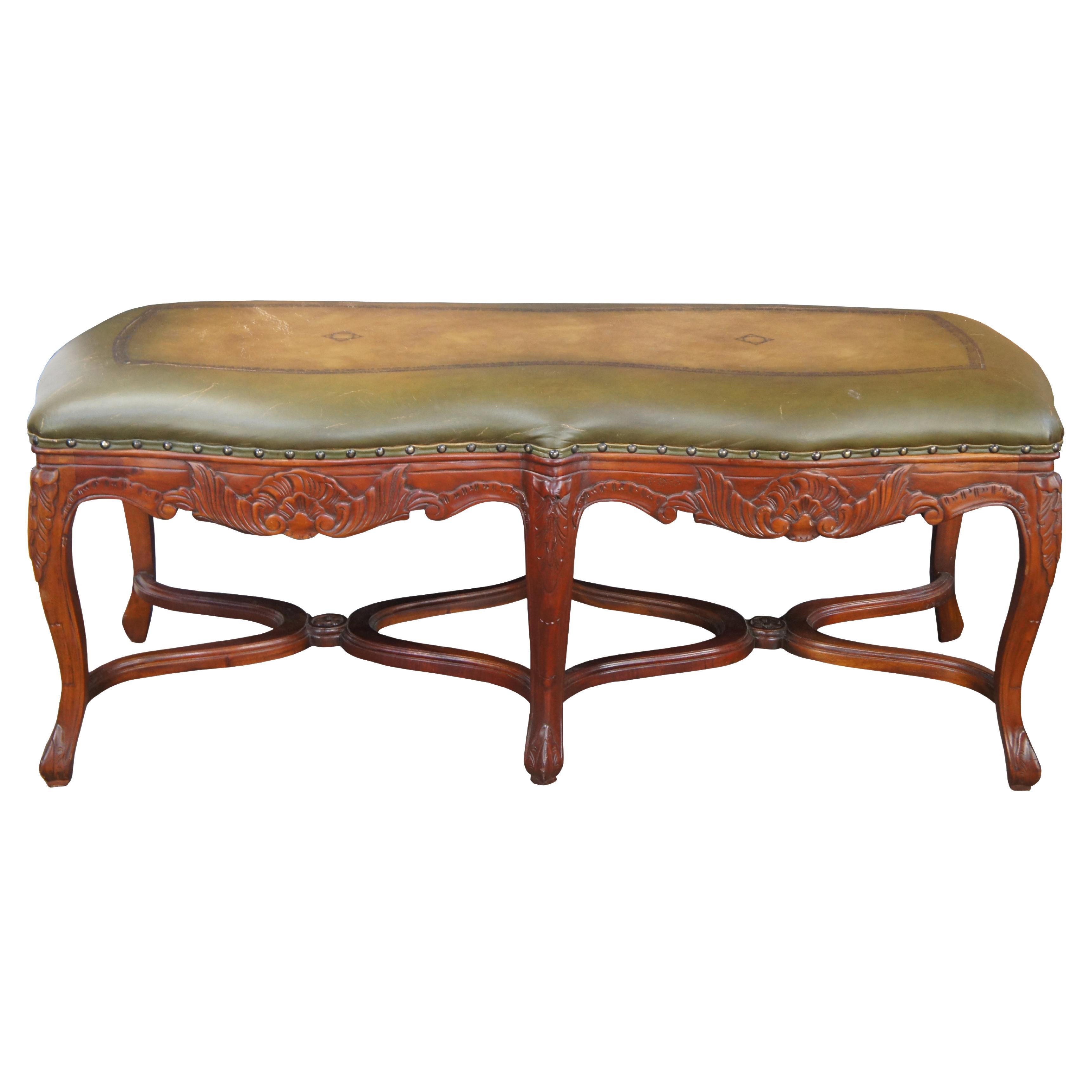 Vintage French Louis XV Style Carved Mahogany Tooled Leather Window Foyer Bench For Sale