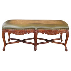 Retro French Louis XV Style Carved Mahogany Tooled Leather Window Foyer Bench