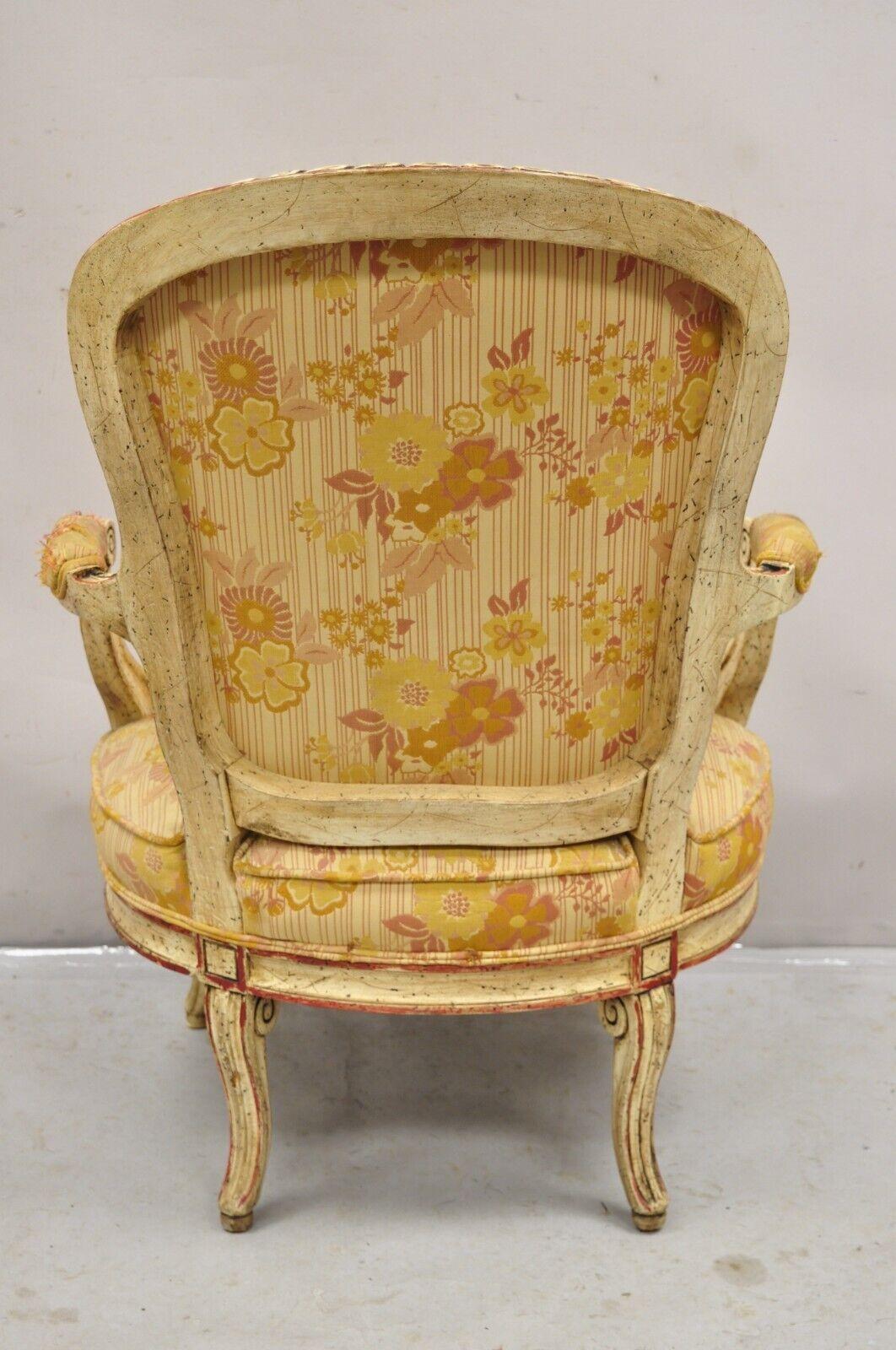 Vintage French Louis XV Style Cream and Red Painted Low Boudoir Fauteuil Chair For Sale 5